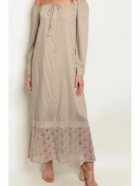 Elegant Off-Shoulder Long Sleeve Lace-Hem Maxi Dress in Beige